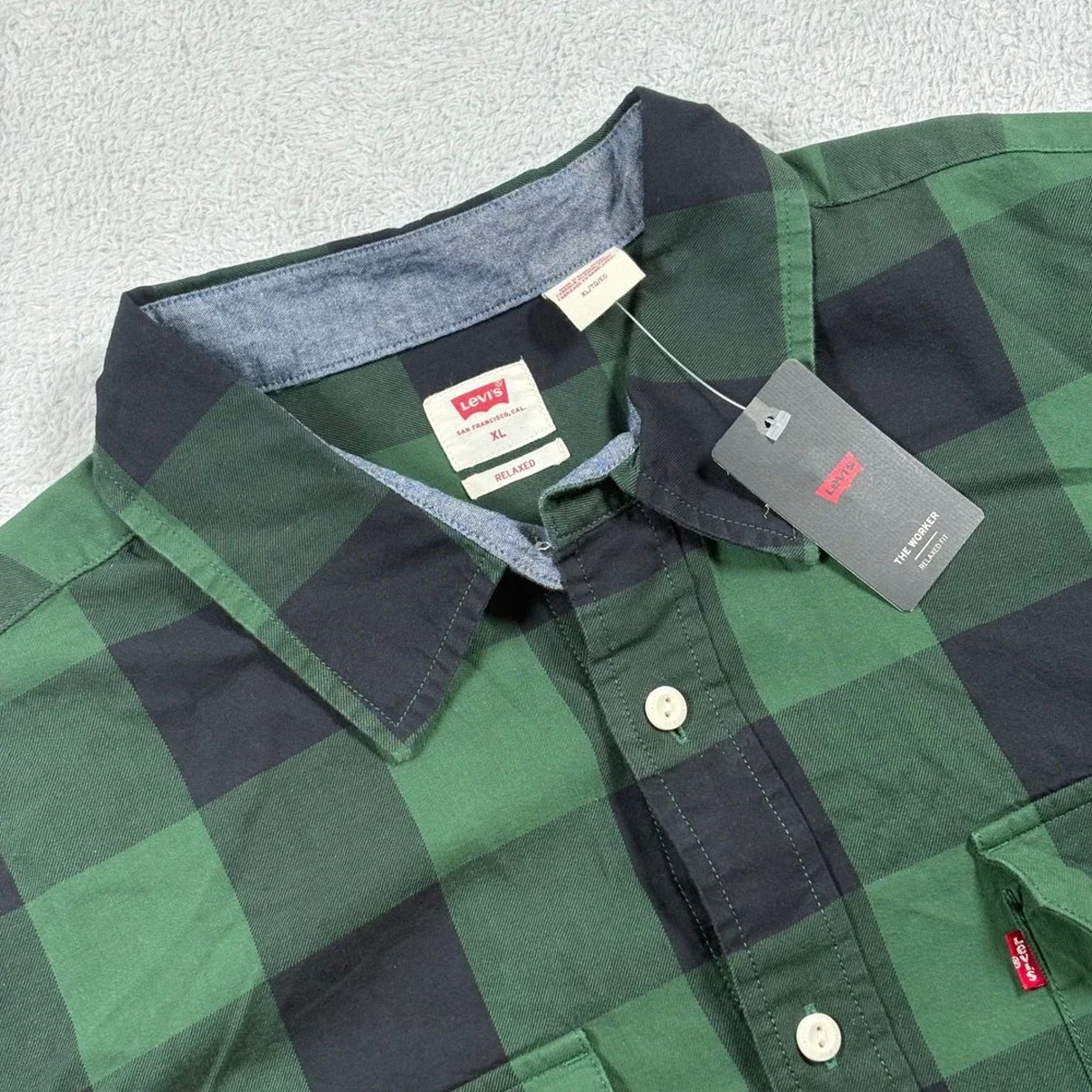 Levis Mens The Worker Relaxed Fit Shirt XL Green Black Buffalo Plaid Pearl Snap